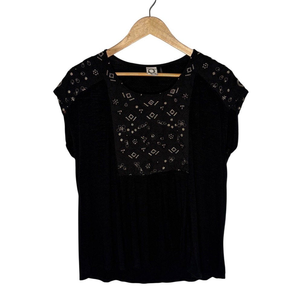 Akemi‎ + Kin Womens Black Short Sleeve Embroidered Mixed Media Knit Top Medium